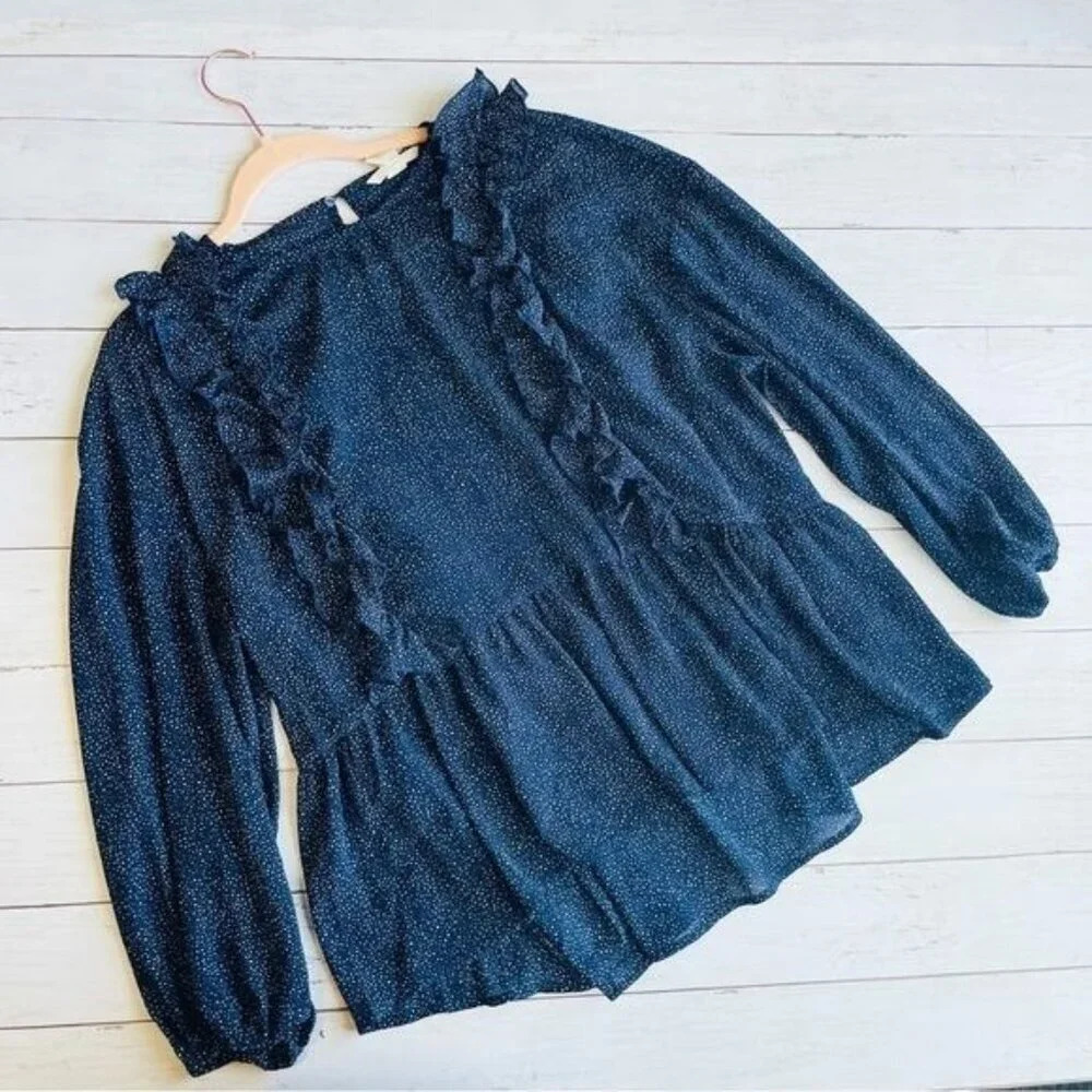 H&M Blue White Printed Ruffled Long Sleeve Blouse Size 14